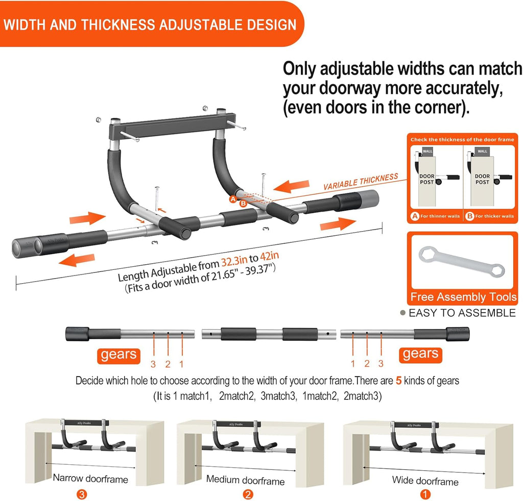 Ally Peaks Pull Up Bar for Doorway,Multiple Levels Width Adjustable Pull Up Bar Accurately Match Wide and Narrow doorframe,Indoor Chin-Up Bar Workout Bar,USA Original Patent